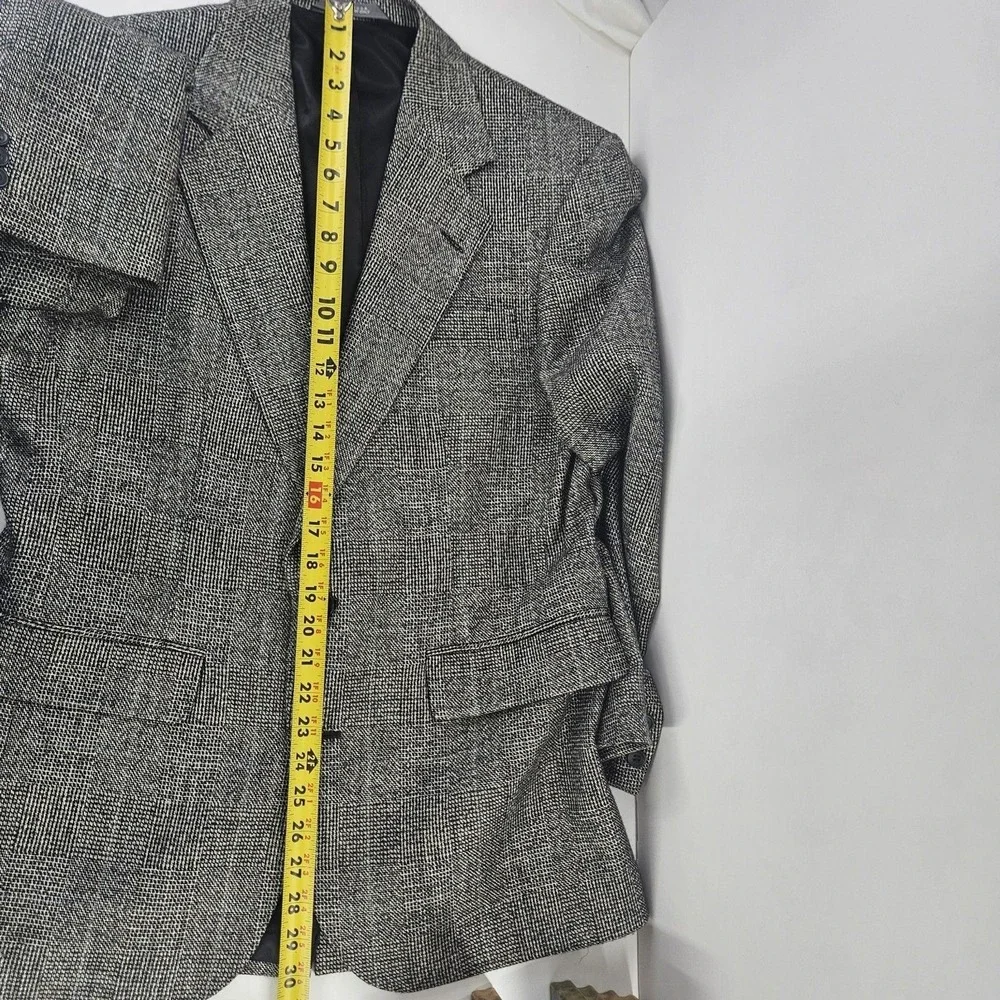 Vtg 90s Haggar Black White Blue Plaid Wool Tweed Sports Coat Blazer Med ~40R USA